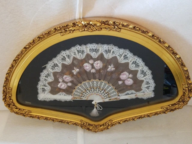 Antique Chinese Fan Hand Painted Bone Lace Floral Scene Fine Quality