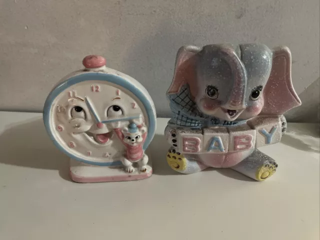 Napco Clock Baby Planter/w pink baby elephant planter Japan