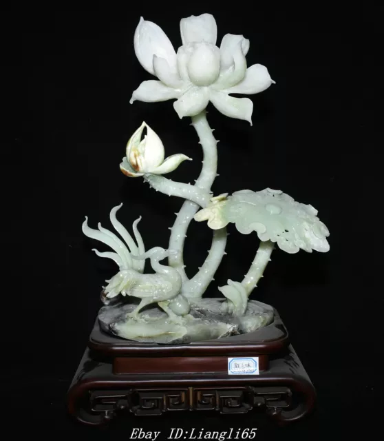 100% Natürliche Xiu Jade Kranich Vogel Stereoskopische Lotus Blume Statue