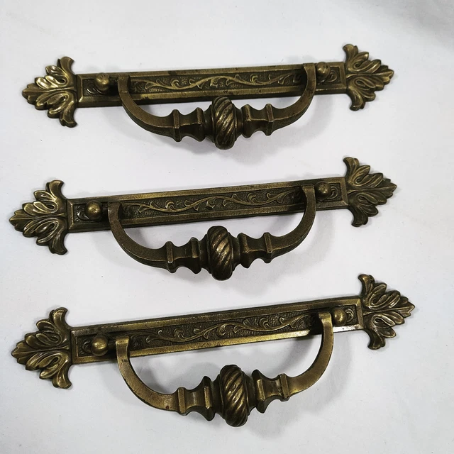 Lot of 3 Vintage 1970s Ornate Brass Dresser Pulls Handles w' Backplate