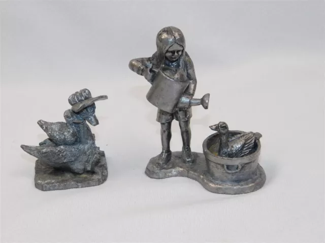 Michael Ricker Pewter Figure Girl Bathing Duck Geese 2 Pcs 1980s