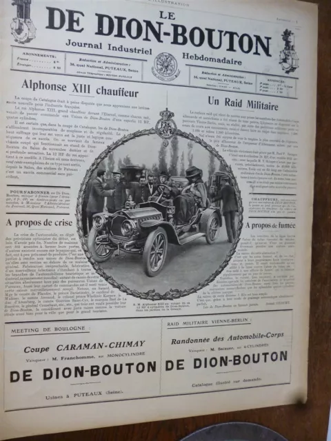 DE DION BOUTON voiture conduite par ALPHONSE XIII pub papier ILLUSTRATION 1908
