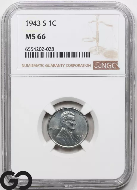 1943-S MS66 Lincoln Cent Wheat Steel Penny NGC Mint State 66 ** Nice!