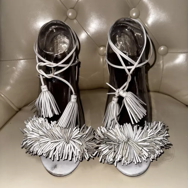 Aquazzura Firenze Wild Thing 105 Fringe Suede Sandals Heels White Size 7.5/37.5