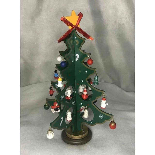 Árbol de madera plegable Kurt S. Adler con 24 mini decoraciones, parte superior y base de estrellas