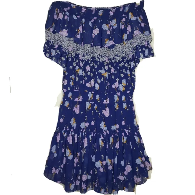 Misa Los Angeles Darcil Blue Floral Off the Shoulder Mini Tiered Boho Dress Sz S