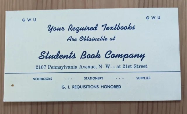 1940s Textbook Card George Washington University Student Book Company