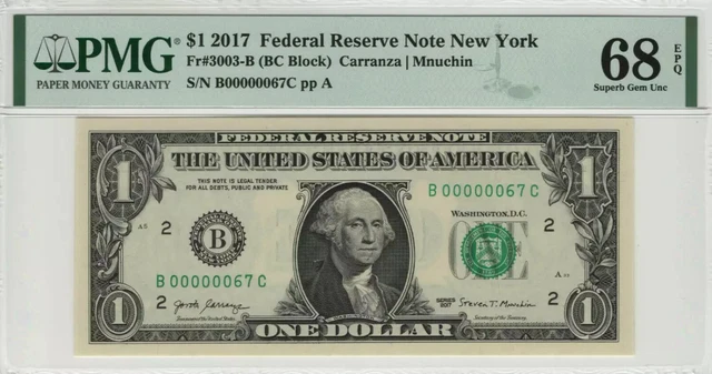 2017 $1 Federal Reserve Note New York Fr.3003-B Pmg Superb Gem 68 Epq Serial 67