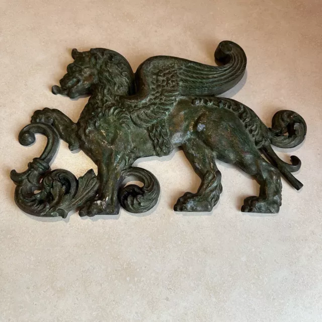 Cast Iron Griffin Sculpture Large Green Winged Lion Metal Plaque ESTATE Find