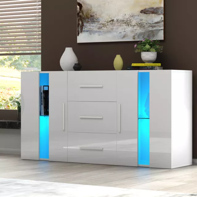 High Gloss Front TV Stand Cabinet Sideboard With 2 Doors 3 Drawers LED Light