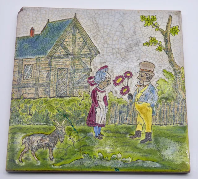  ° Relief Victorian FARMER goat  Emaux de GIEN Art Nouveau Tile Jugendstil Tegel