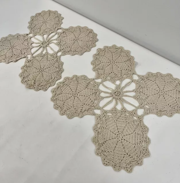 Vintage Pair of White Circle Square Round Hand Crochet Doilies 10.5"