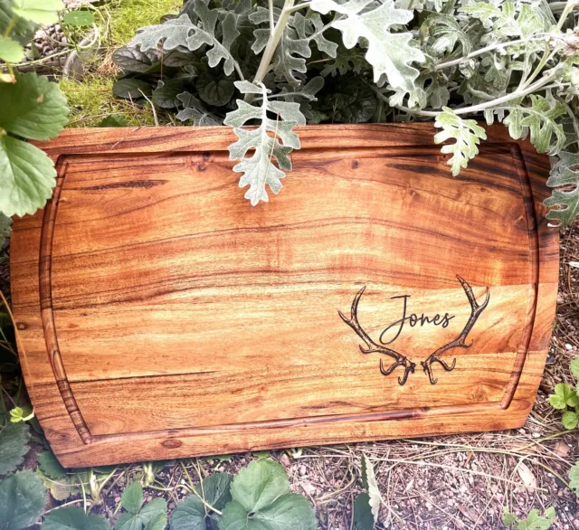 Large Acacia Meat Board 20" x 12" x 1" Elk Antler Personalized