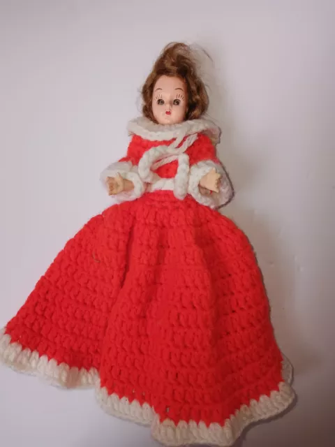 VTG 8" Hard Plastic Doll, Hand Crocheted Red/White Dress, Sleepy Blue Eyes, Work 2