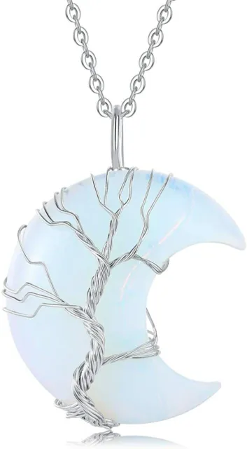 Gemstone crystal quartz crescent moon stone tree of life necklace pendant chain