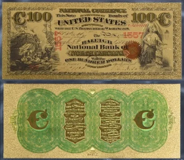 Usa Banknote National Bank $100 Us Dollars North Carolina Gold Foil New Mint