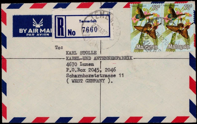 Malaysia; 75 C.  Schmetterlinge 1970 (2) MEF Reco.-Lupo.-Brief "TOMOVLOH", Lünen