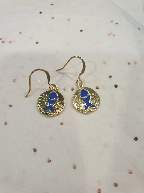 18 Karat Gold Plated Earrings With Mediterranean Fish Design Blue Enamel