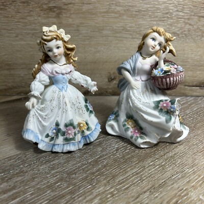 Lot Of 2 Vintage Lefton Japan Lady Maiden Figurine Flower Basket KW125A KW125C