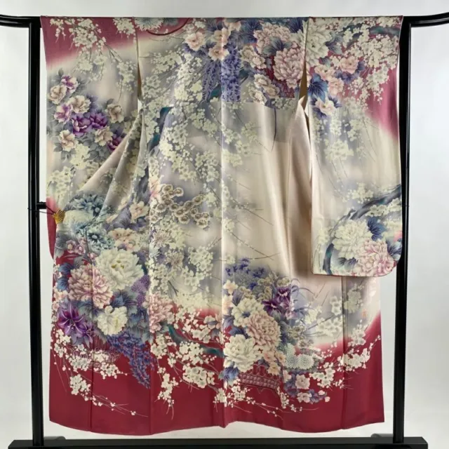 Japanese Kimono Furisode Pure Silk With Signature Moutan Gold Thread Light Pink