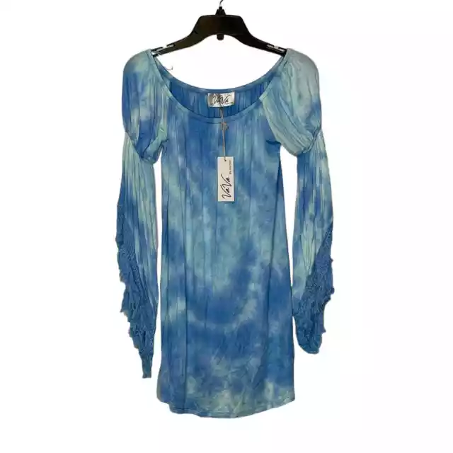 VaVa By Joy Han Blouse Tunic Top Size XS Blue Tie Dye Womens Stretch Blend NWT