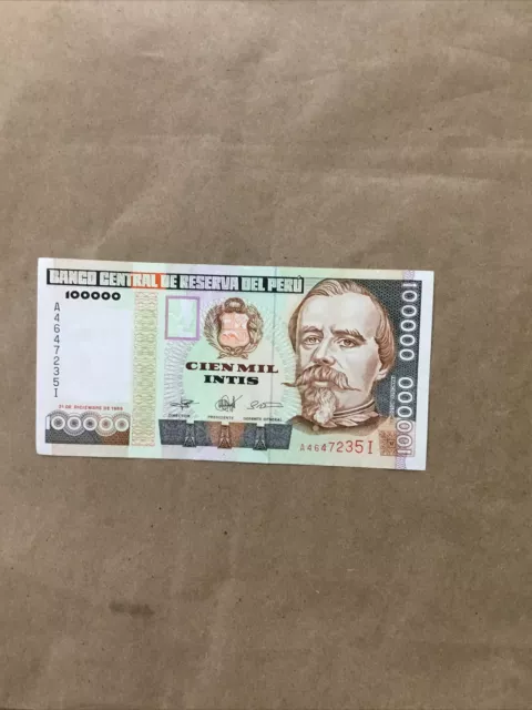 Peru 100000 Intis Peru Central Bank Cien Mil Intis Banknotes 1989 UNC