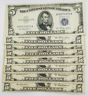 1953 Five Dollar BLUE Seal Note Silver Certificate $5 Old US Bill Average Circ