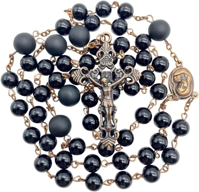 Catholic Onyx Rosary Black Beads Necklace Holy Soil Medal Vintage Cross Crucifix