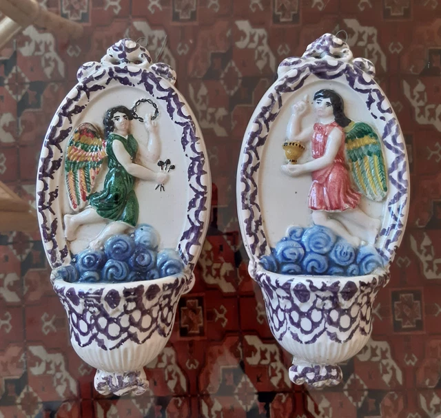 Acquasantiere ceramica coppia antiche motivo angeli cm. 20,5