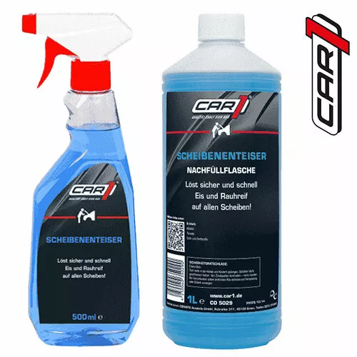 CAR1 Scheibenenteiser Spray 500ml + 1L Nachfüllflasche Enteiserspray Frostschutz