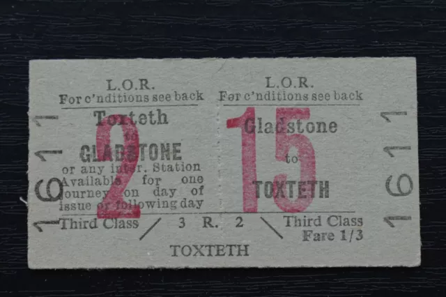 Liverpool Overhead Railway Ticket LOR GLADSTONE to TOXTETH No 1611