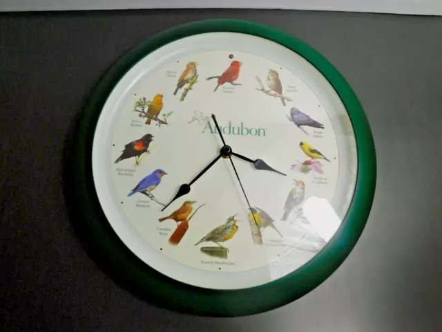 Vintage National Audubon Society Bird Wall Clock Singing Sounds 13" Green WORKS!