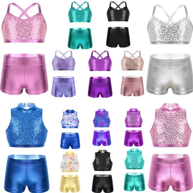 Abito da ginnastica per bambine paillettes jazz hip dance top con pantaloncini costumi da ginnastica