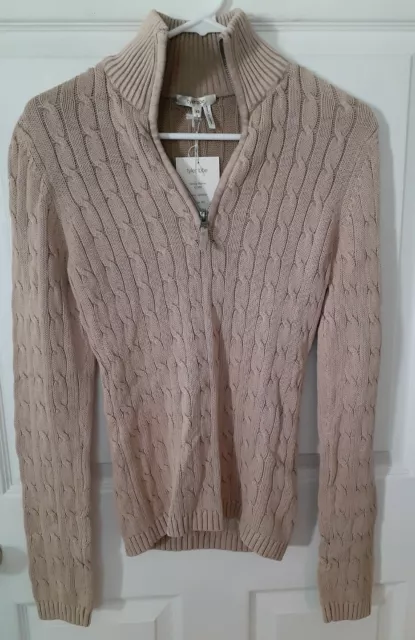 Tyler Boe Womens Sweater Size XS Tan Cable Knit Long Sleeve Cotton Collar Zip