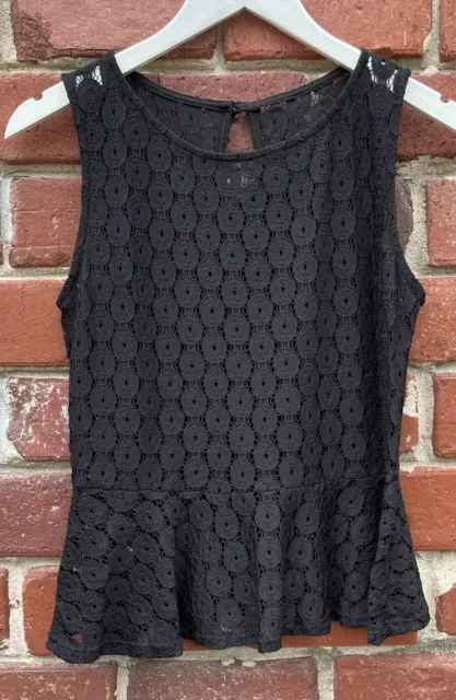 Womens Sz L Large Sleeveless Blouse Button Back Lace Peplum Black