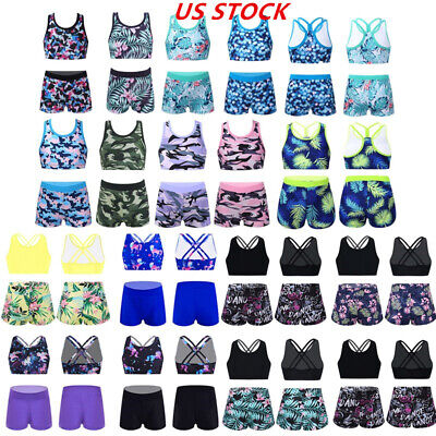 US Girls Athletic Tankini Set Swimsuit Top+Bottoms Sports Bathing Suit Workouts