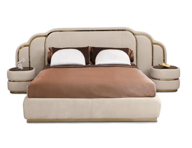 Beige Chambre à Coucher Meuble Lit 2x Nachttische Bois Ensemble Luxe Set 3tlg