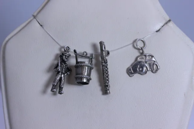 Four Sterling Silver Charms, VW Bug, Lumber Jack, Flute & Water Pale 1"- 12939