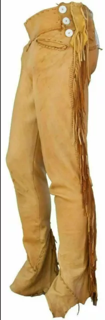 Men Native American Western Buckskin Ragged Leather Hippie Pants Mountain Man