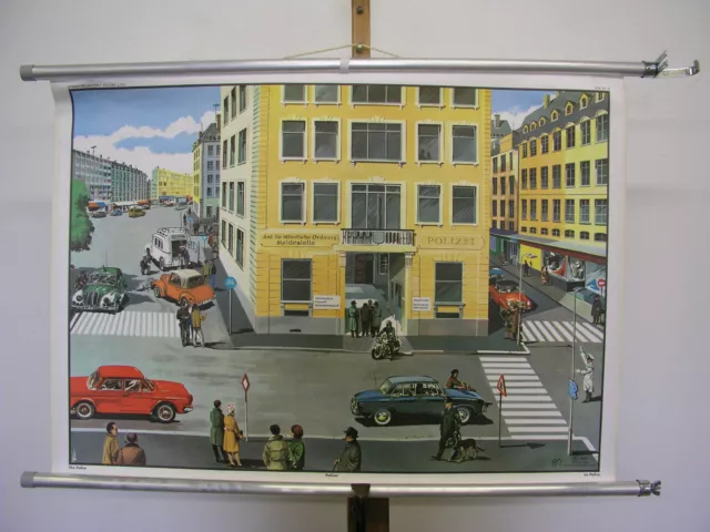 schöne alte Schulwandkarte Wandbild Polizeiwache Unfall BMW 90x63cm vintage 1965