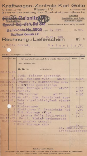 PLAUEN, Rechnung 1929, Karl Geite Kraftwagen-Zentrale Generalvertretung Opel-Aut