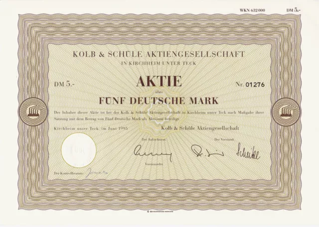 BRD Historisches Wertpapier Aktie Kolb & Schüle AG 5 DM