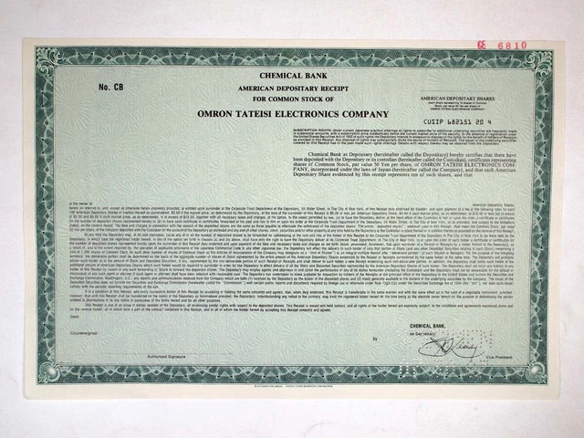 Japan. Omron Tateisi Electronics Co., 1987. Specimen ADR Cert., XF-AU. S-C USBNC