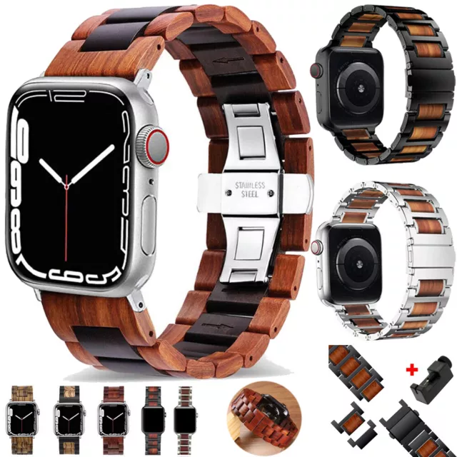 Holz Metall Armband für Apple Watch Ultra 2 49mm Serie 9 8 7 6 5 4 3 SE 41/45mm