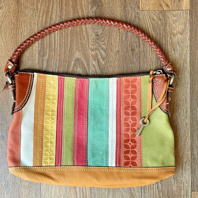 Vintage FOSSIL Large Multi-Color Leather Stripe Patchwork Shoulder Hobo Bag
