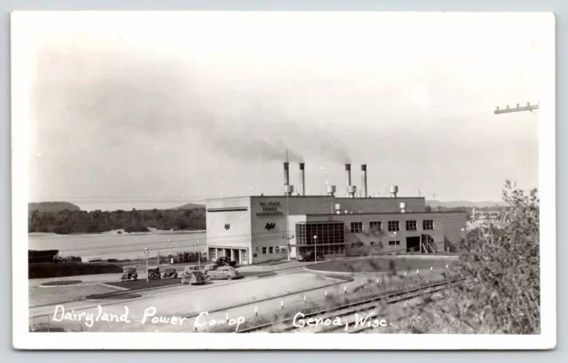 Genoa Wisconsin~Diaryland Power Plant Co-Op~Railroad Tracks~1930-40 Cars~RPPC Genoa Wisconsin~Diaryland Power Plant Co-Op~Railroad Tracks~1930-40 Cars~RPPC