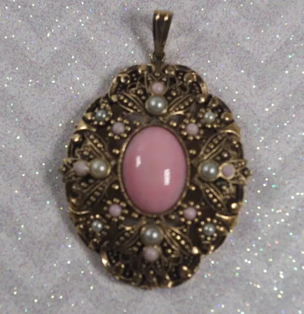 Large Vintage Avon Costume Victorian Style Pink Cabochon and Faux  Pearl Pendant