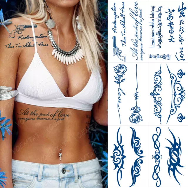 6pcs Juice Ink Gun English Text Flower Waterproof Temporary Tattoo Sticker Women