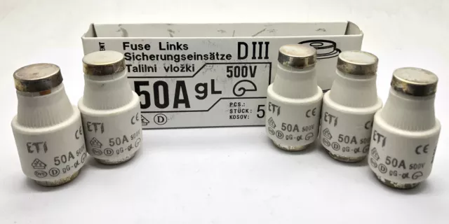 5 x ETI 50amp 500v DIII Diazed Fuse, E27 gG-gL Ceramic Bottle Fuse Grey Cap