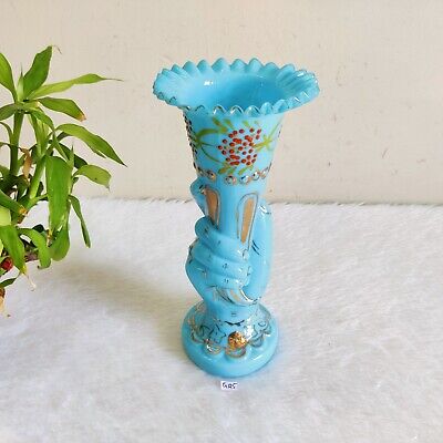 Antique Hand Shape Enamel Decorated Blue Glass Flower Vase Japan Rare G125